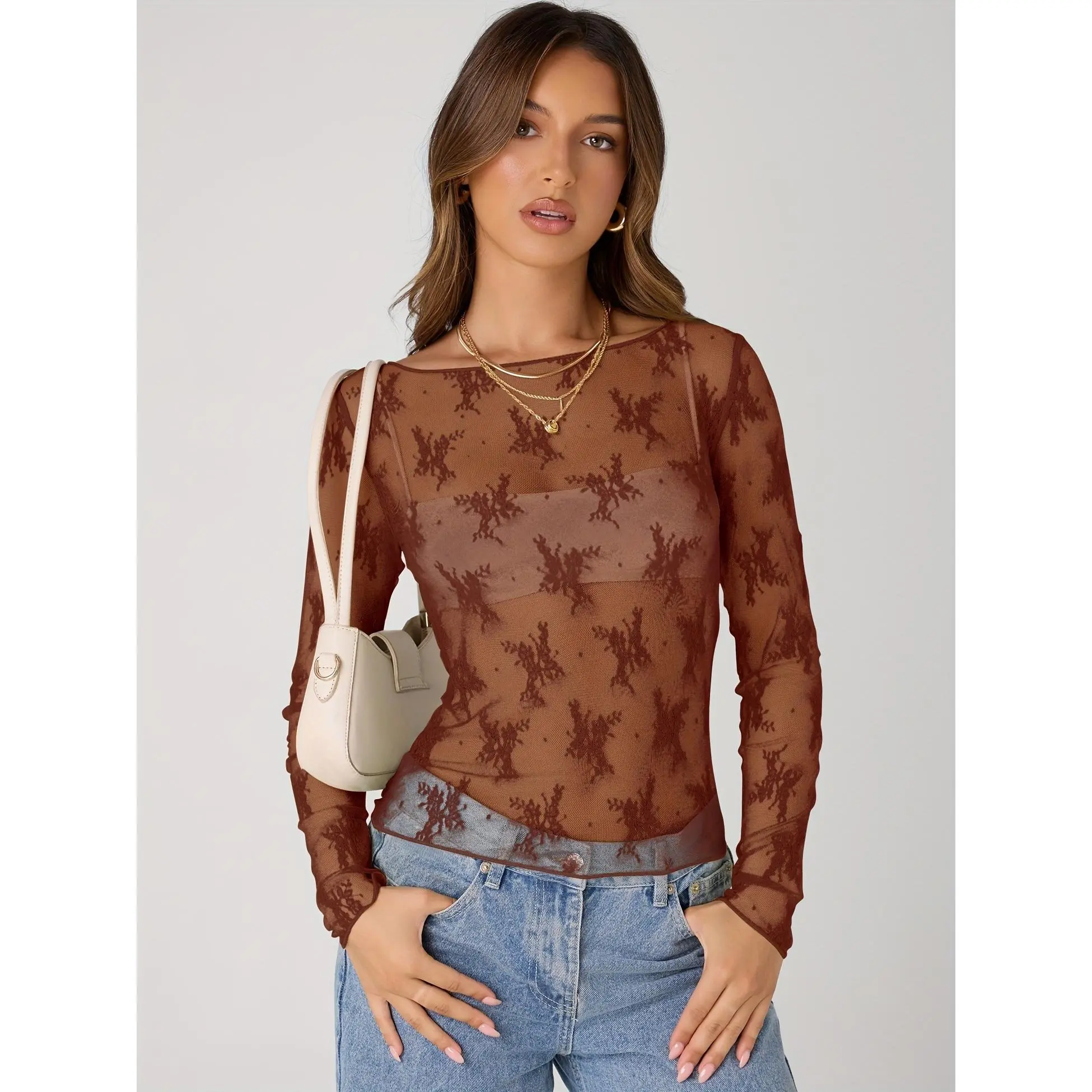 S-XL Sexy See Through Mesh Top Womens Lace Long Sleeve Boat Neck