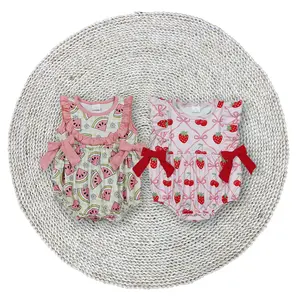 Little Baby Girls Summer Watermelon Strawberry Bows Bib Ruffle Round Neck Bodysuits Rompers Soft Stretchy Snaps Bubbles