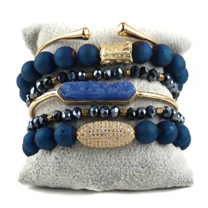 RH Fashion Bohemia Jewelry Accessory Semi Precious Stone Beaded Druzy Charm 6pc Stack Bracelet & Bangle Sets For Women Gift
