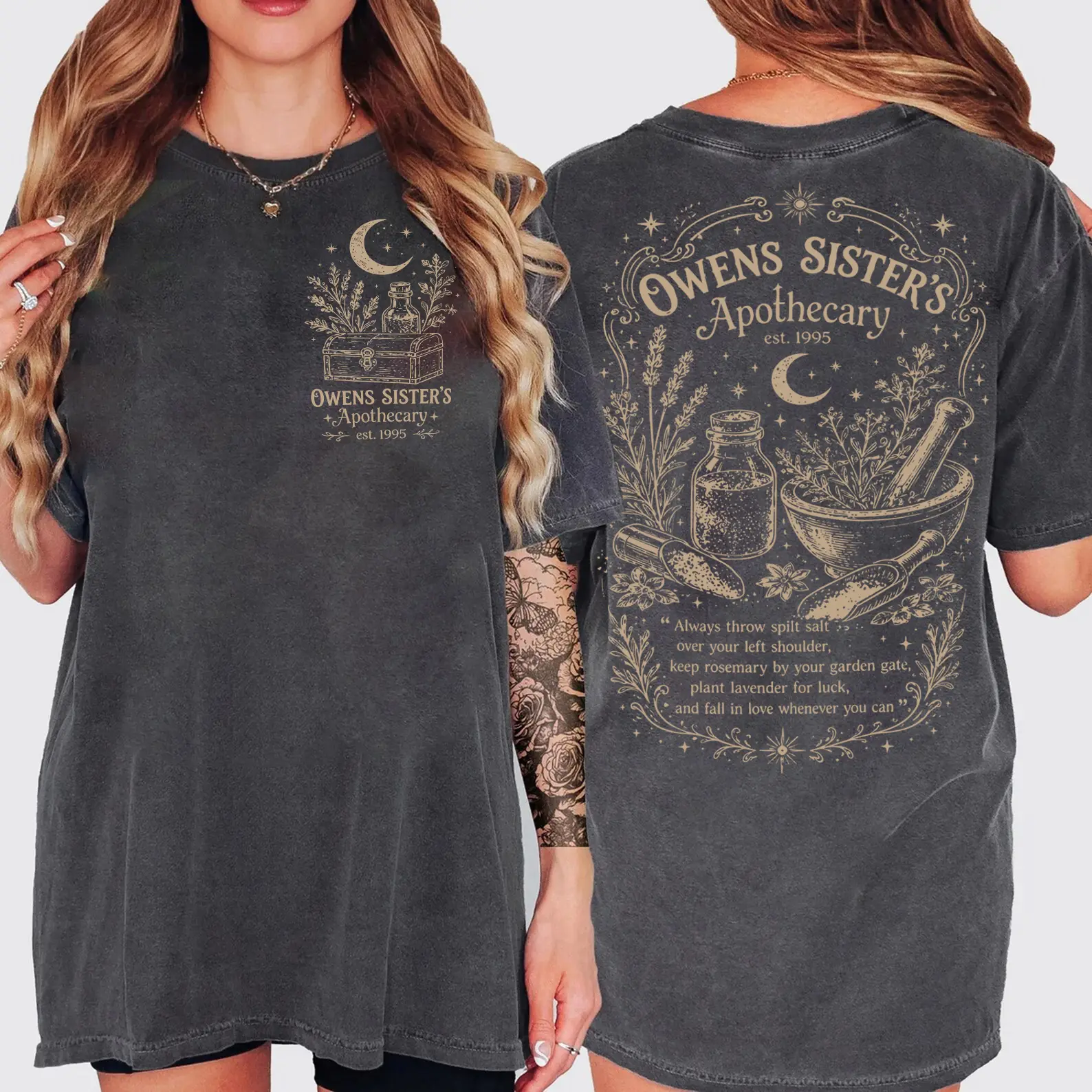 Owens Sisters Apothecary Halloween Shirt, Practical Magic Witchy Graphic T-Shirt, Vintage Moon Herb Cottagecore Spooky Season Tee