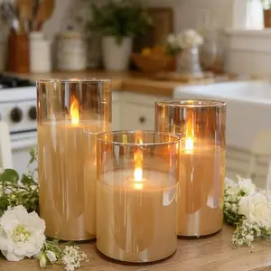 Rechargeable flameless LED candles with realistic flickering effect, remote control, and timer. Elegant 3-piece glass candle set perfect for weddings, dinners, holidays, and cozy home decor. Safe, smoke-free, and long-lasting ambiance.