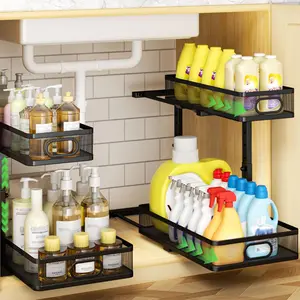 2-Pack Under Sink Organizer, Metal 2-Tier Pull-Out Cabinet Shelf with Slide-Out Mesh Drawers, Height Adjustable Space-Saving Storage Racks for Kitchen, Bathroom, Laundry Room