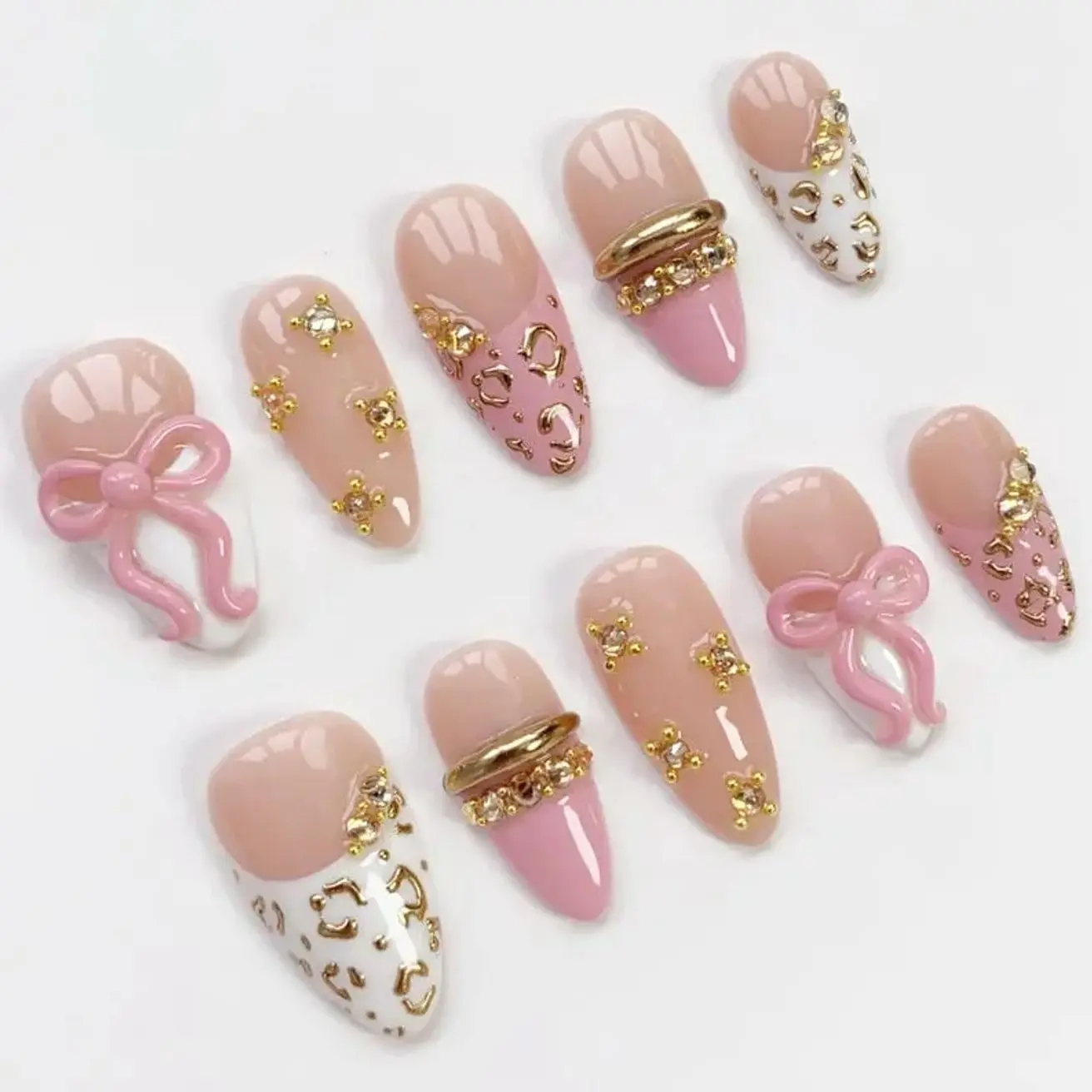 Pink Bow Press On Nails, Gold Leopard Print Nail, Elegant Nail