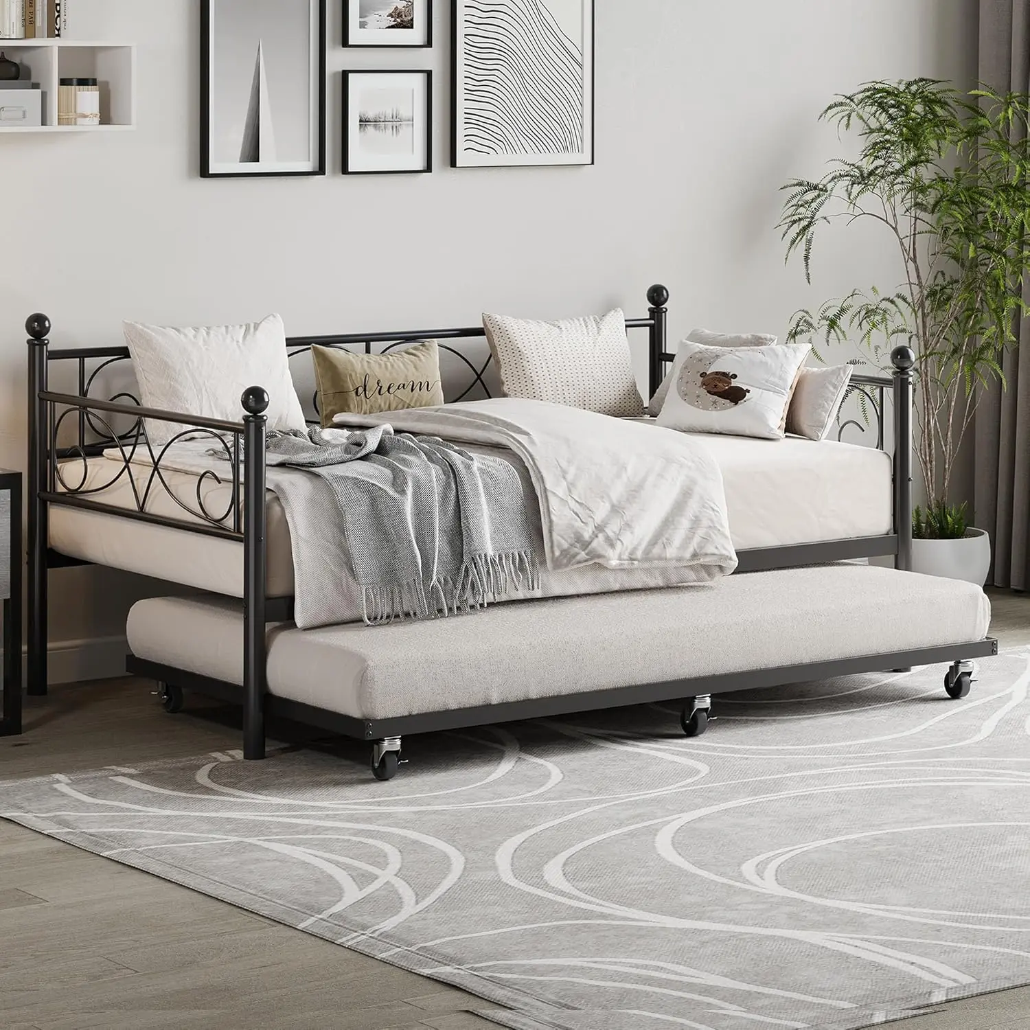 Twin Size Black Extendable Folding Sofa Bed with Floral Motif Headboard, Pull-Out Trundle Bed Frame, Heavy-Duty Slat Supports, Metal Frame, 350lbs Capacity, Storage Solutions, Indoor Furniture for Guest & Living Rooms