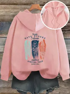 Vintage Surfboard Print Hoodie for Women, Casual Fitted Summer Sweatshirt, Soft Moderate Fabric, Unique Style, Loose Fit