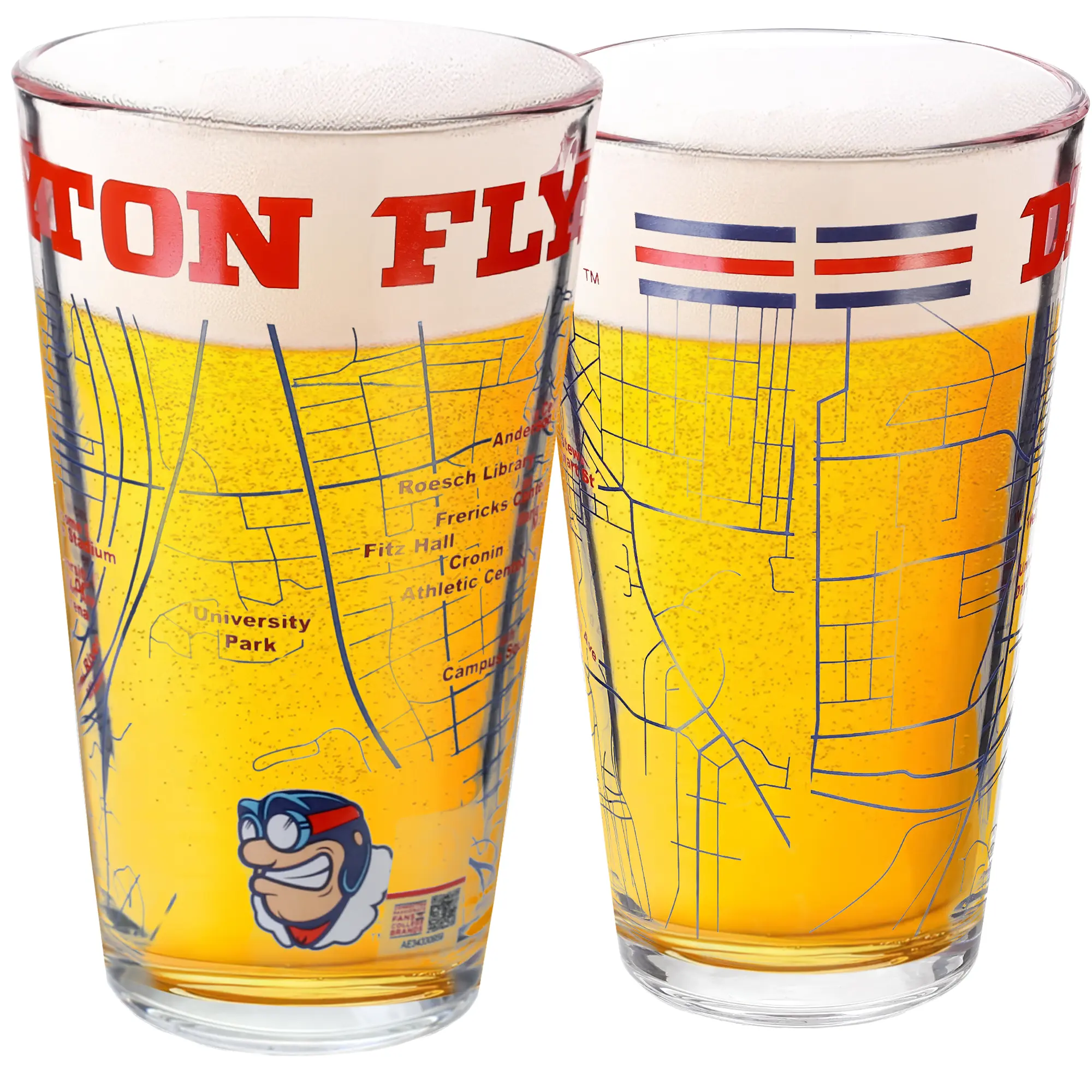 University of Dayton Flyers College Pint Beer Glasses Set of 2 16 oz Full Color Logo Campus Map Drinkware Heavy Weighted Bottom Dishwasher Safe