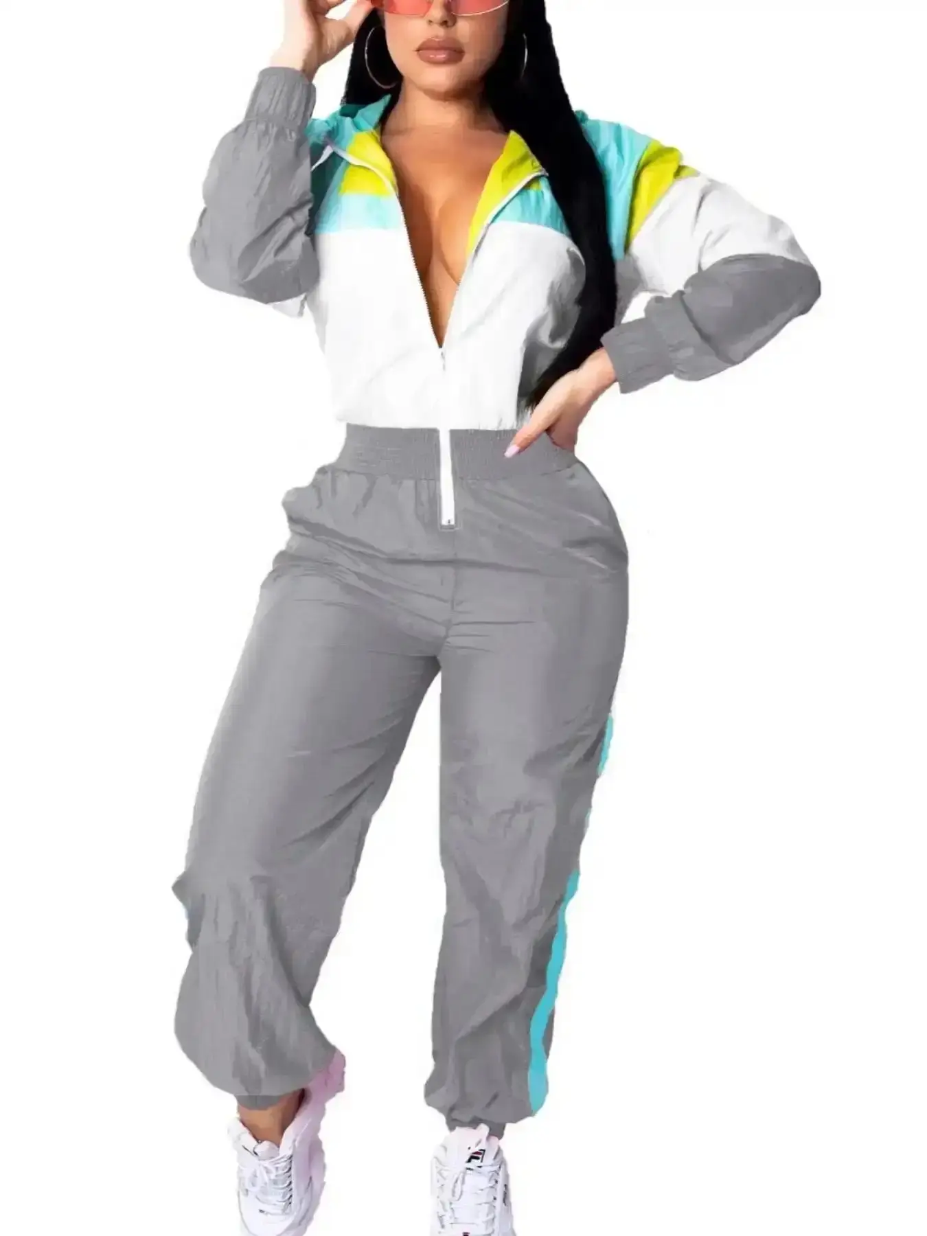 Halloween costume ideas Women's Colorblock Sporty Adjustable Hooded Windbreaker Jumpsuit Outfit Garment Piece, Casual Fitted Spring, Lightweight Thin Fabric, Zipper Pocket Design, Womenswear must have slim fit street