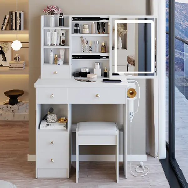 Bellemave Farmhouse Glam Small Makeup Vanity Desk - Distressed Finish Engineered Wood, Stand-Alone, Wooden-Effect, Small Footprint, 3-Color Adjustable Touch-Control LED Mirror, 2 AC + 2 USB Power Station, Hair Dryer Bracket, Cushioned Stool, Small Makeup