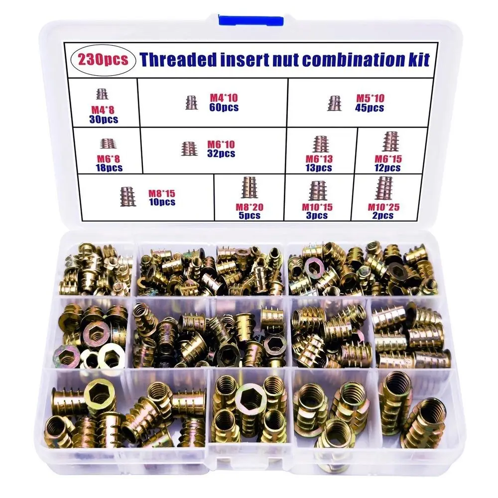 230-Piece Wood Thread Insert Tool Set for Furniture Assembly, Zinc Alloy Hex Socket Drivers and Hardware Connectors, Ideal Furniture Accessories, Hex Nuts