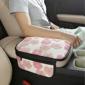 Heart Pattern Plush Car Center Armrest Cover with Storage Bag, Soft Fabric Winter Accessory for Auto Interior Decoration