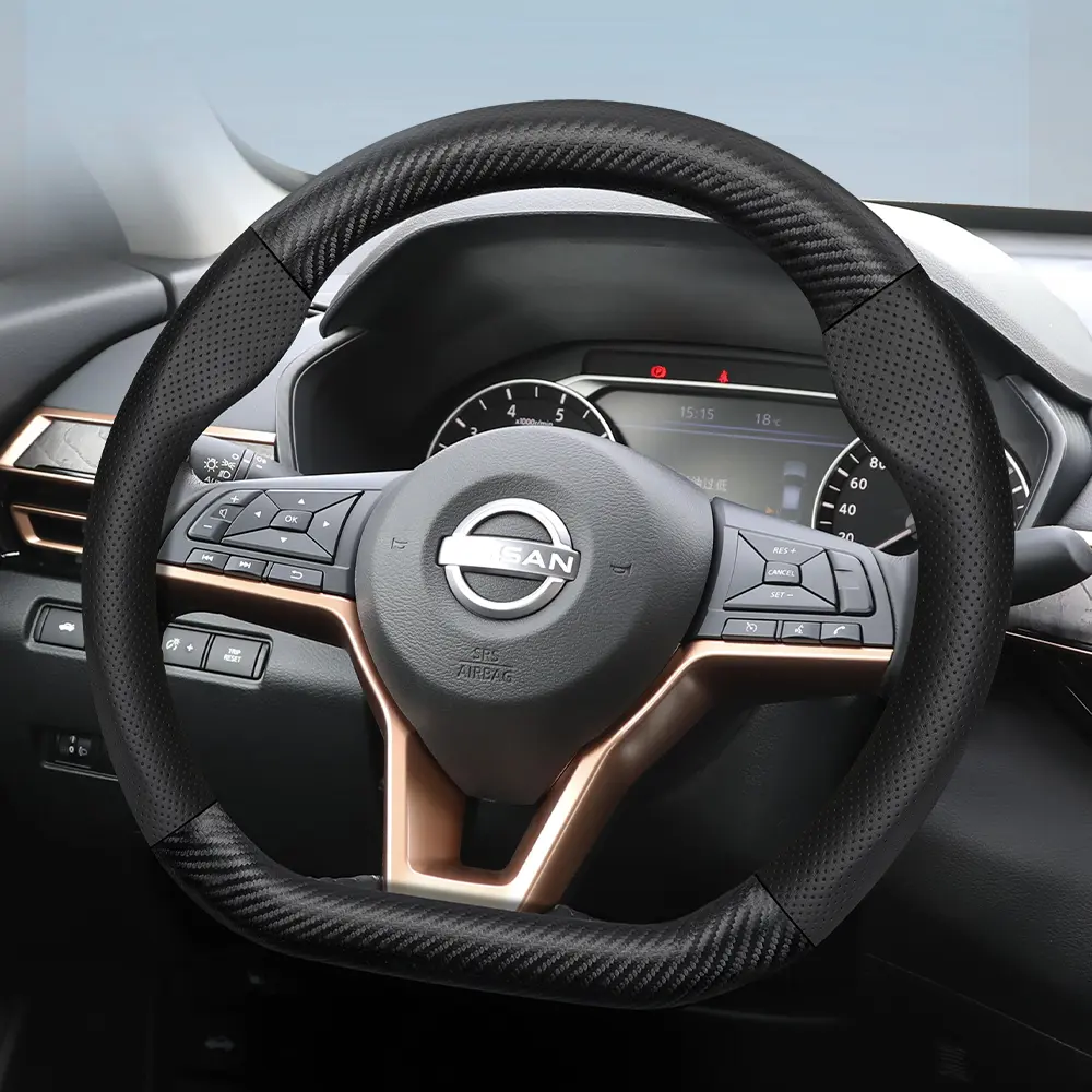 For Nissan Steering Wheel Cover, Steering Wheel Protector, Carbon Fiber Textured Leather and Perforated PU Leather Fits Rogue/X-Trail/Kicks/Qashqai/Sentra/Altima/Navara/Pathfinder/Murano/Armada/Patrol, Car Accessories