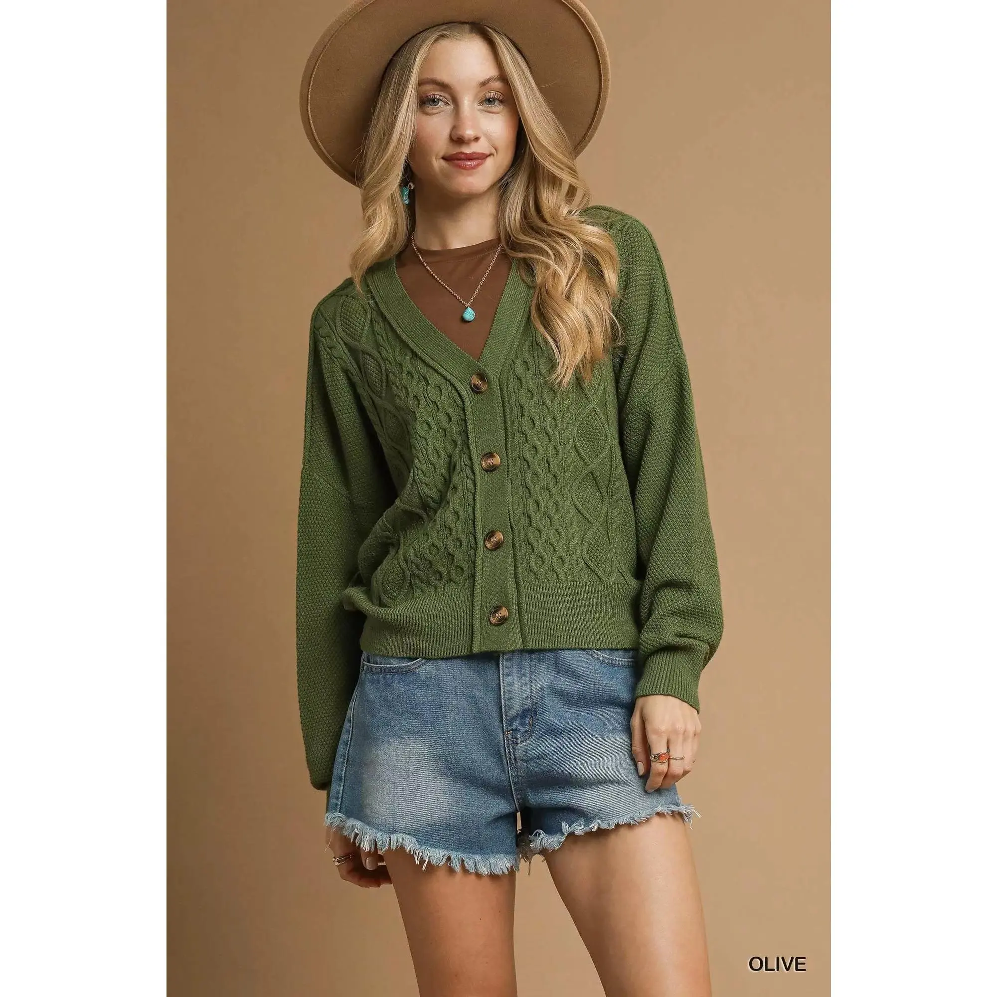CHUNKY CABLE BUTTON-UP CARDIGAN - OLIVE