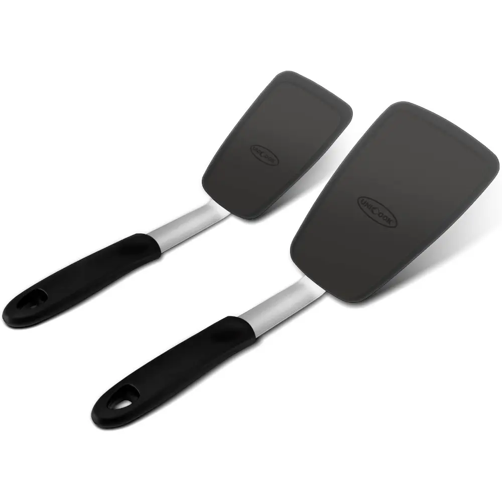 2-Pack Durable Silicone Kitchen Utensils Set - Angled, Heatproof (600F), Nonslip Handle, 2-Size (Small, Large) Cooking Spatula & Turner for Flipping Eggs, Burgers, Black Cookware Companion, Two Sizes