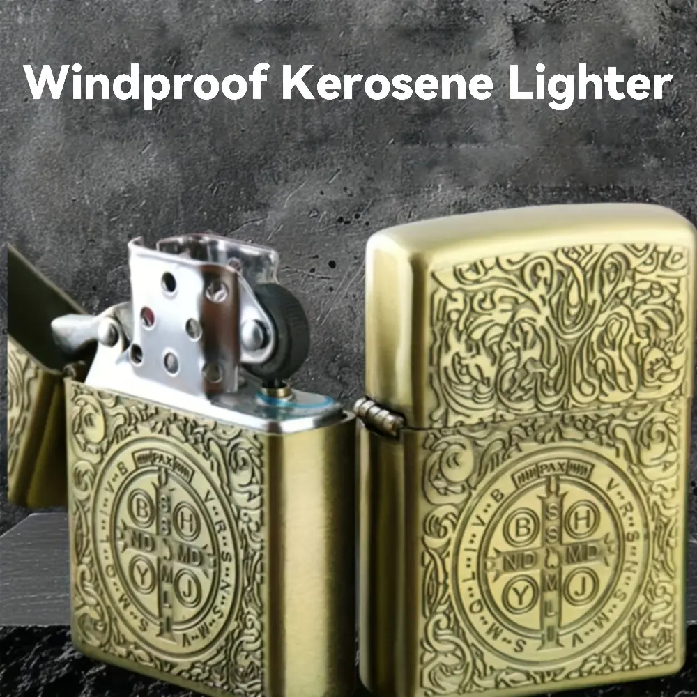Retro decorative engraved windproof kerosene lighter (without butane), made of sturdy brass, refillable, is an ideal choice for men's birthday gifts.
