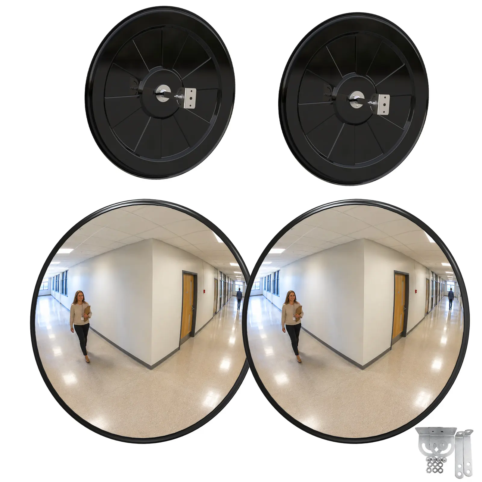 2-Pack 24 in Durable Plastic Outdoor Convex Security Mirrors with Fixing Bracket, Easy Installation, Sharp Reflection for Traffic Garage Blind Spots, Warehouse Hardware Accessory