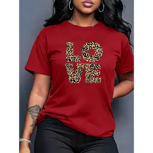 100% Cotton Printed Letter Pattern Leopard Heart Design, Suitable for Casual and Formal Outfits - Multiple Colors Available - Valentine's Day, Anniversary, Birthday Gift, Festival Trendy Item, Fashionable Versatile Style