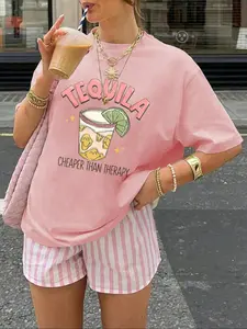 Women's Letter & Margarita Print Round Neck Tee, Casual Short Sleeve T-shirt for Summer, Ladies Sleepwear for Daily Wear, Top, Tshirt, Womenswear