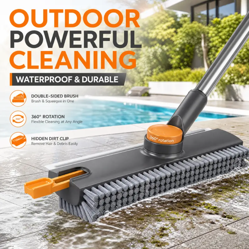 3-in-1 Floor Scrubber with Squeegee & Long Handle, 360° Rotatable Hard Bristle Brush for Deep Cleaning Tile Gaps, Shower, Garage and Outdoor Patio