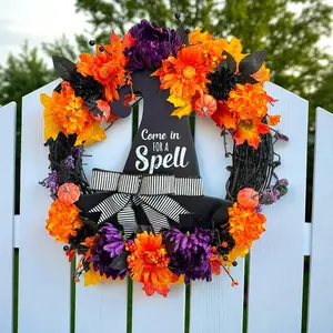 Halloween Witch Wreath,  Halloween Witch's Hat Halloween Wreath, Orange & Black Flowers Halloween Wreath