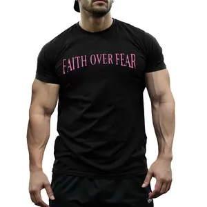 Christian Faith Over Fear Soft Tee with Pink Cross Print & Bible Verse, Religious Casual Round Neck Shirt for Women, Durable Everyday Church Outfit