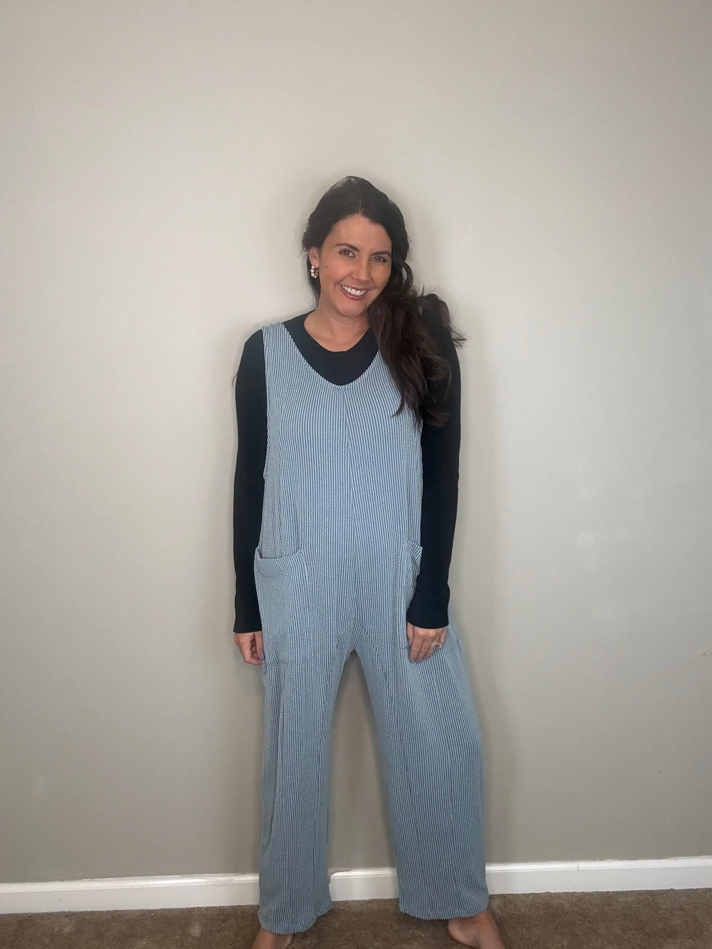 Blue Road Trippin Ribbed Jumpsuit With Adjustable Back