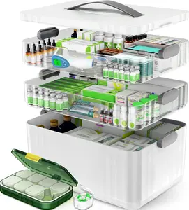 3-Tier Portable Medicine Organizer - Multi-Compartment Storage Boxes, Pill Storage Boxes with Transparent Removable Trays, Adjustable Handle, 9 Compartments, Sturdy Sealed Design for Home Medical Supplies