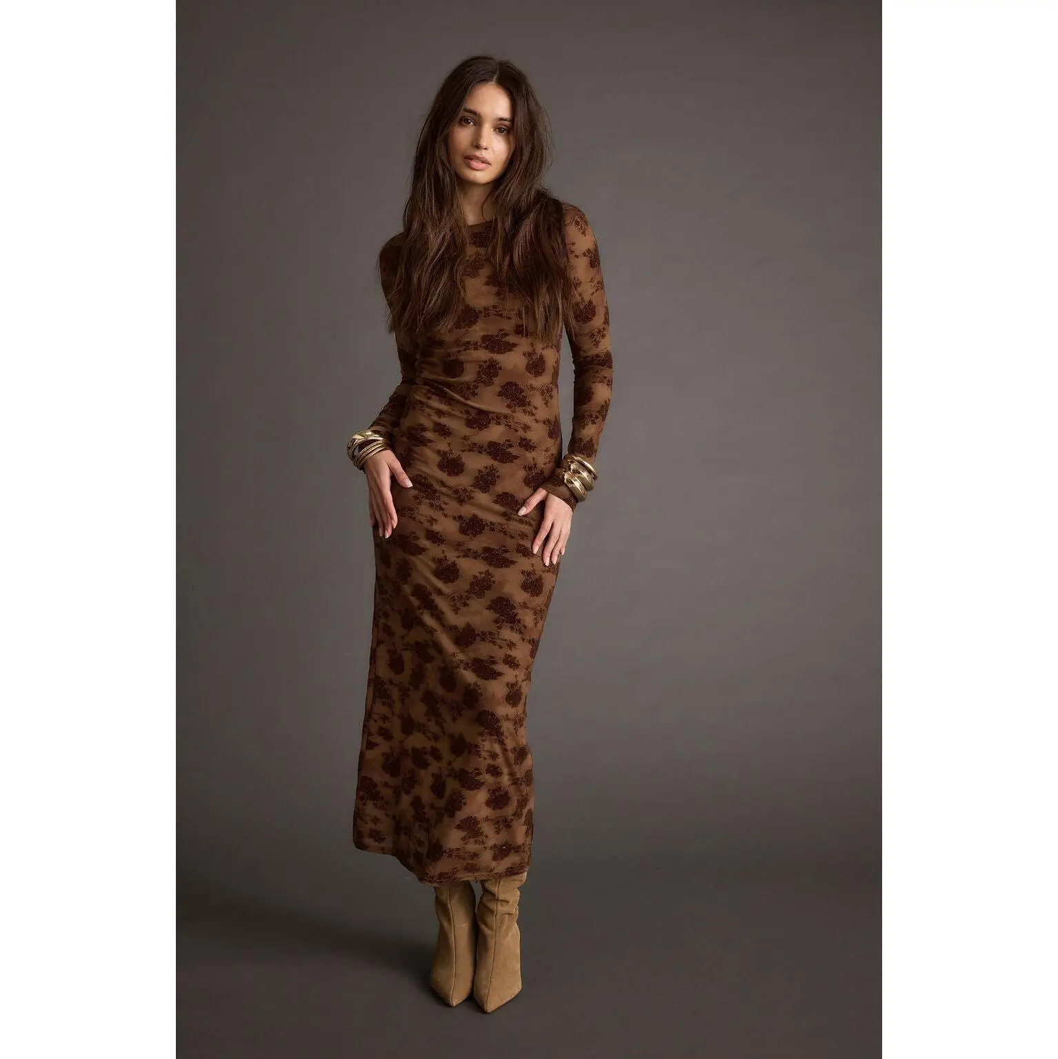 Women's Casual Chocolate Brown Floral Velvet Long-Sleeve Mesh Maxi Dress - TikTok Shop Women's Casual Chocolate Brown Floral Velvet Long-Sleeve Mesh Maxi Dress - TikTok Shop
