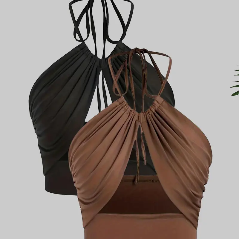 Women's Solid Color Basic Crop Tank Top & Drawstring Side Cover Up Skirt, Casual Fashion Cozy for Daily Outdoor Wear, Ladies Summer Clothes, Suits