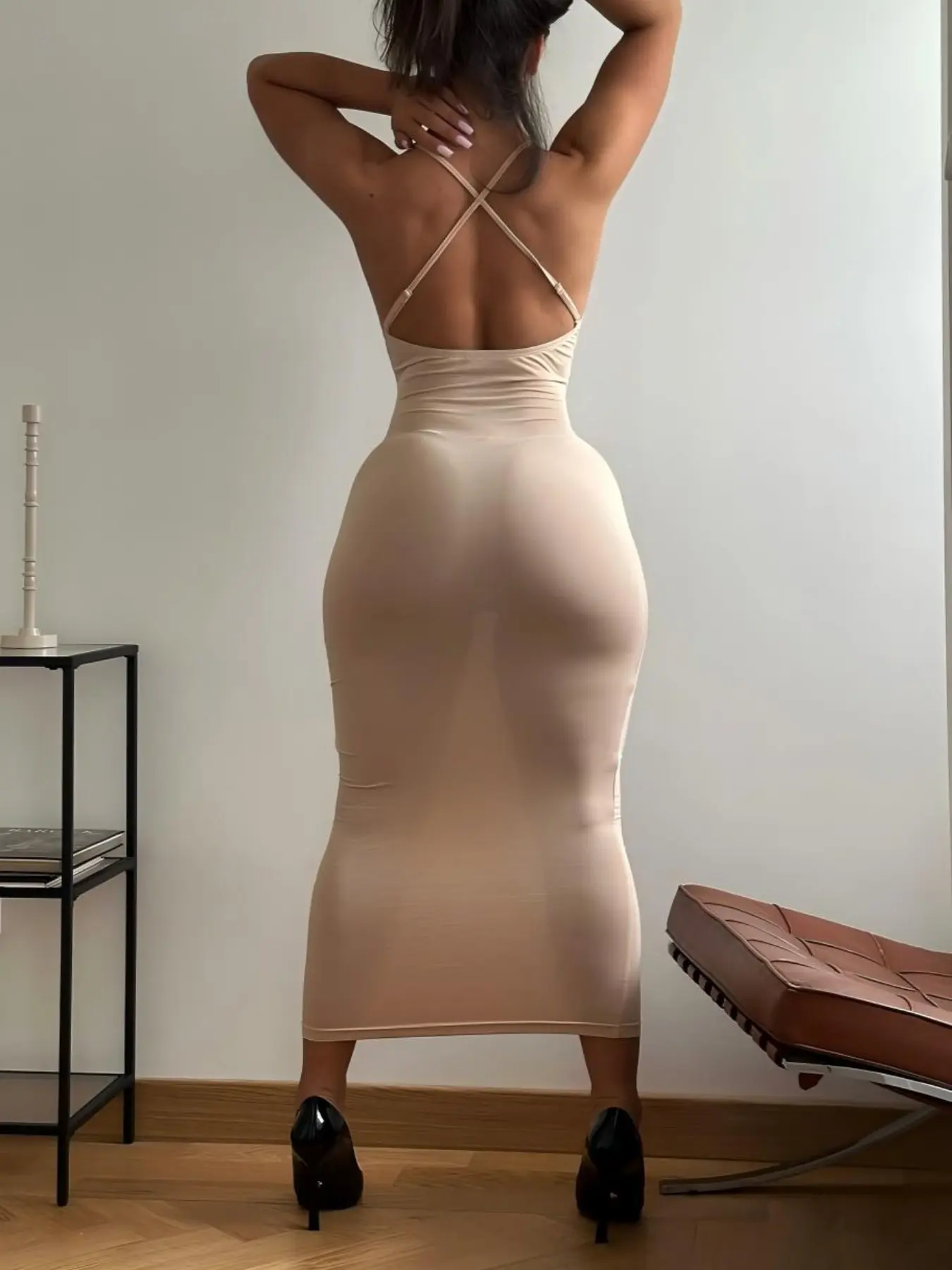 Fashion Solid Color Mid-Length Dress, Thin Strap Spaghetti Strap Cross Backless  Bodycon Tight Fit, Sexy Formal Party Dress for Women, Womenswear