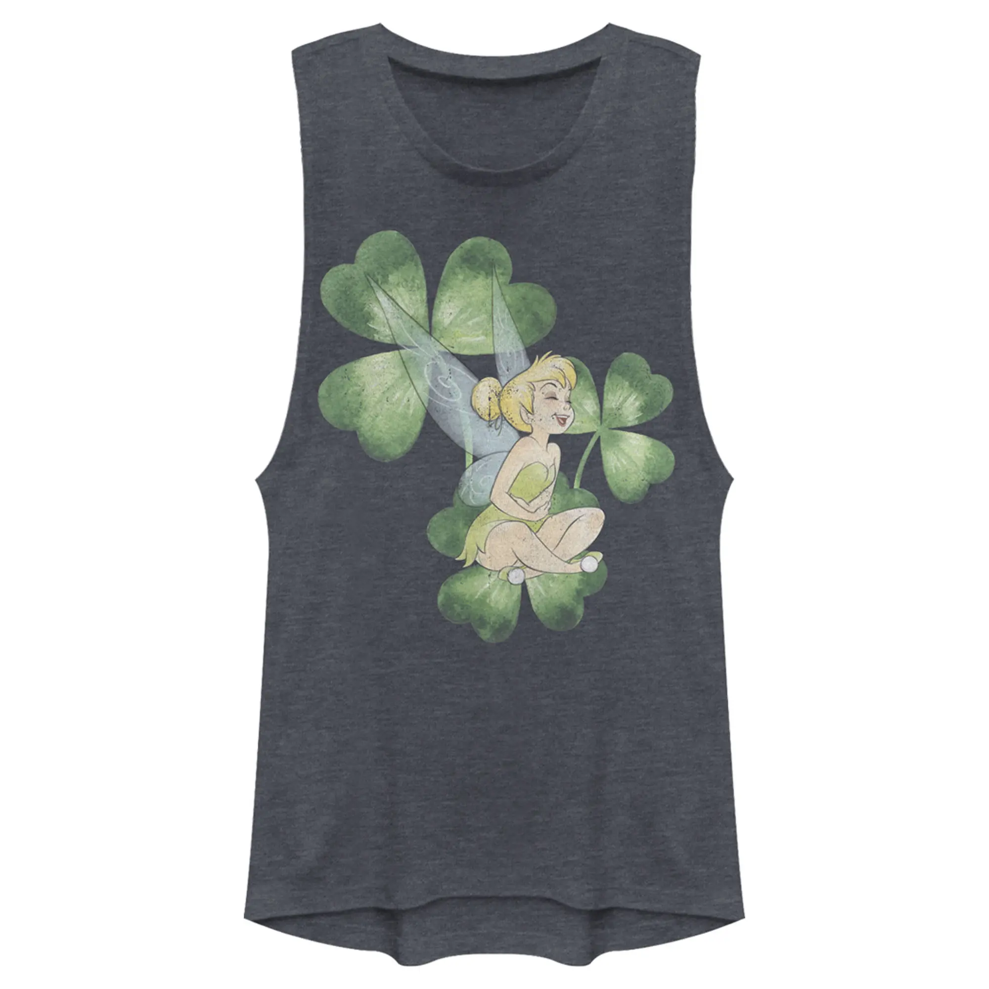 Juniors Womens Peter Pan Peter Pan St. Patrick's Day Tinkerbell Shamrocks Distressed Festival Muscle Tee