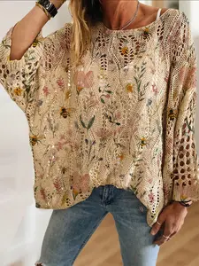 Women's Bohemian Bee Floral Knit Top, Loose Fit Round Neck Long Sleeve, Casual Elegant Vacation Style, Comfortable Breathable Sweater