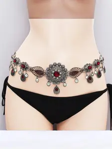 European and American new fashion waist chain, alloy red crystal diamond flower leaf drop pendant, belly dance accessory body chain.