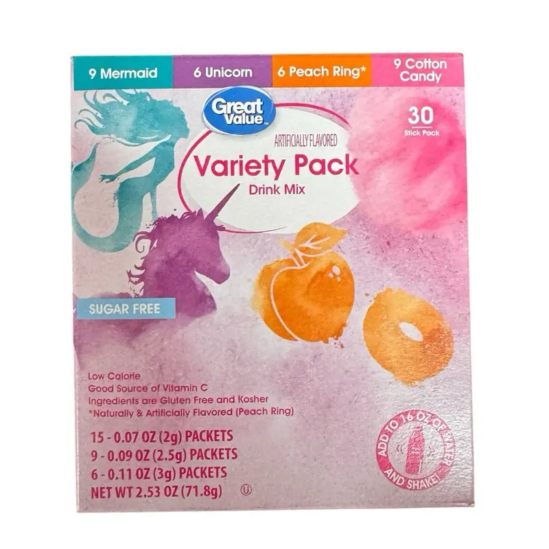 Great Value Sugar-Free Drink Mix Sticks Variety Pack - 30 Artificially Flavored Powdered Beverage Mix Packets (Mermaid, Unicorn, Peach Ring, Cotton Candy), Fruity Flavor Packets for Water, Ideal for Parties, Mixed