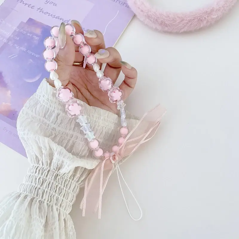 Pink Coquette Bow Girlie Cute Phone Strap Phone Charm Shimmery Spring Summer Phone Accessories Beaded Charms Phone  Kindle Strap