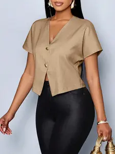 1 piece Women's Solid Color V-neck Short-sleeved Blouse Shirt Top, suitable for commuting, stylish and elegant.