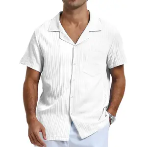 Men's Casual Short Sleeve Button Down Shirt - Summer Beach Vacation Textured Shirt with Pocket, Lightweight Breathable Fabric Comfort Fit