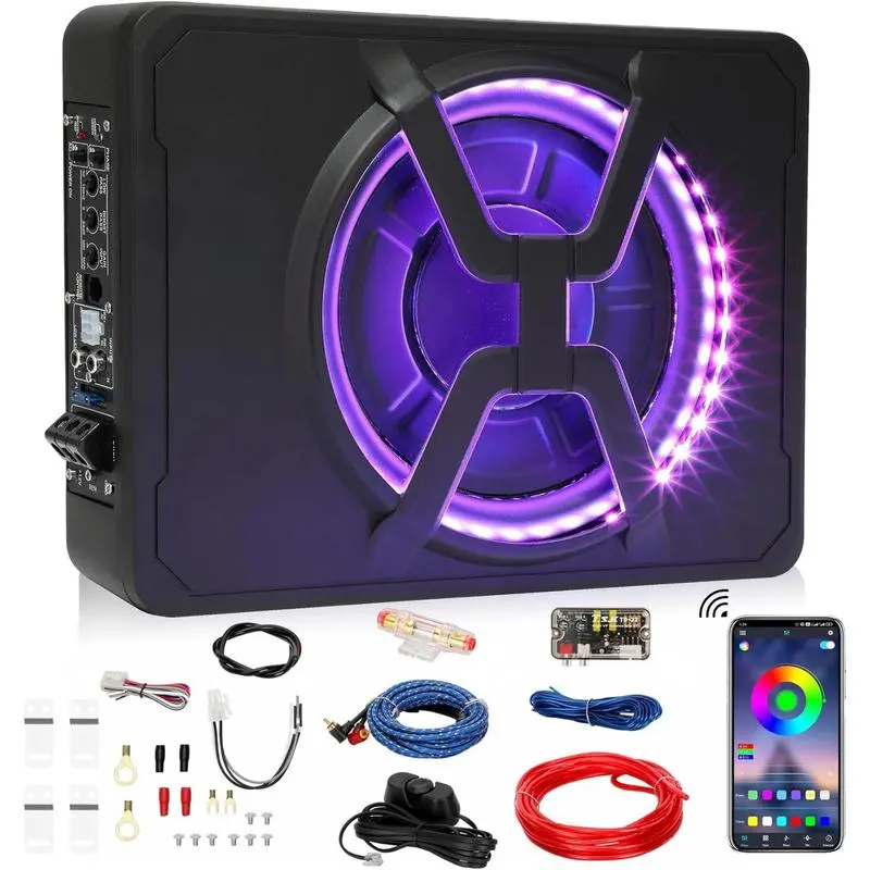 10" 800W Under Seat Car Subwoofer Blue-toothSubwoofer ForCars With Multicolored LED Ambient Light, Portable Car Audio Save Cars Interior Space And Easy To Install On Your Every Car Or Truck2025 Upgraded 10" 1200W Slim Under Seat Powered CarSubwoofer.gift