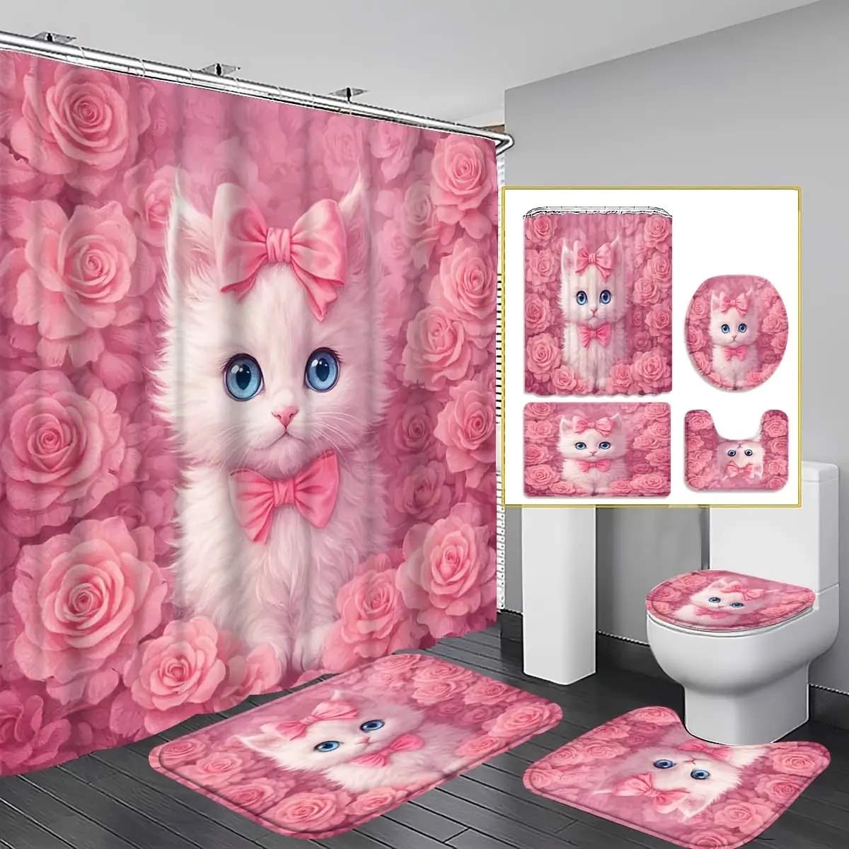 4pcs Sweet Kitten Shower Curtain Set, White Kitten Pink Bow Rose Background Bathroom Decor, Bathroom Additions Include, U-Shaped, Toilet Lid Cover, 70.87X70.87inch Shower Curtain with Hook, Girly Heart Style, Sweet Style, Kitten Princess