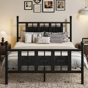 Garvee Vintage Metal Bed Frames with Circular Headboard & Footboard, Available in Twin, Full, Queen, King Sizes, Heavy Duty Platform, Noise-Free, No Box Spring Needed, Easy Assembly, Under Bed Storage, Black & Brown