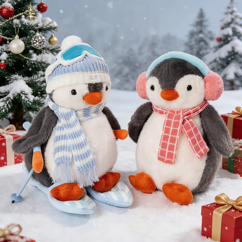 Soft penguin plush toy for winter skiing—soothing aesthetic penguin figurine, desktop ambiance companion ornament/gift