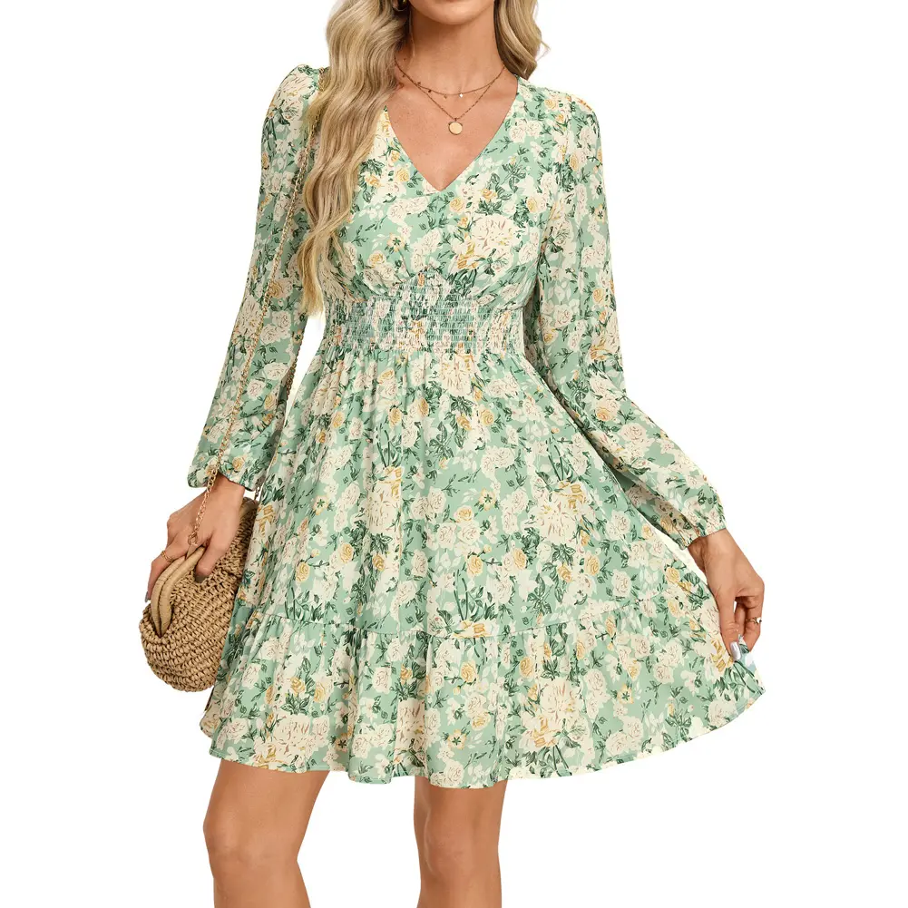 GRACE KARIN Summer Floral Mini Dress 2026 Fall Long Sleeve Wedding Guest Dress A Line Flowy Boho Short Dresses with Pockets