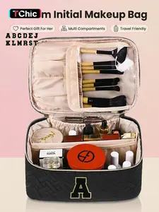 Makeup Bag, Portable Cosmetic Bag, Large Capacity Travel Makeup Case Organizer, Black For Women Toiletry Bag for Girls Traveling With Handle and Divider，Gifts Initial Makeup Organizer Bag for Girls, Chenille Letter Personalized Cosmetic Bag with Zipper， P