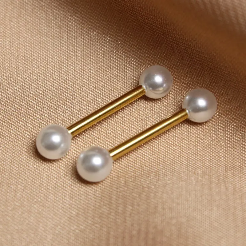 14g Gold White Pearl Nipple Barbell - Gold Body Jewelry, Subtle Nipple Ornament, Body-Safe Piercing Accessory, Dainty Piercing Piece, Subtle Nipple Jewelry