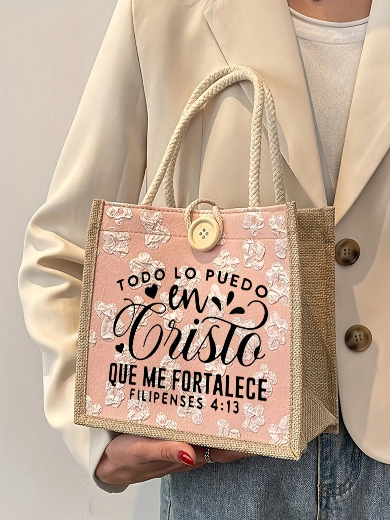 Christian Themed Tote Bag, Todo Letter Pattern, Reusable Printed Women's Tote, Double Handle, Large Capacity, Casual, Christmas Storage, Stylish Square Bag, Fashionable Patterned Bag, Casual Trendy Bag