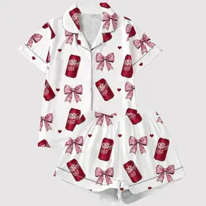 Dr Pepper Coquette Bow Heart Pajama Set Women Loose Short Sleeve Shorts Comfy Cute Soda Print Sleepwear Summer Girly Lounge Set Gift Dr Pepper Lover