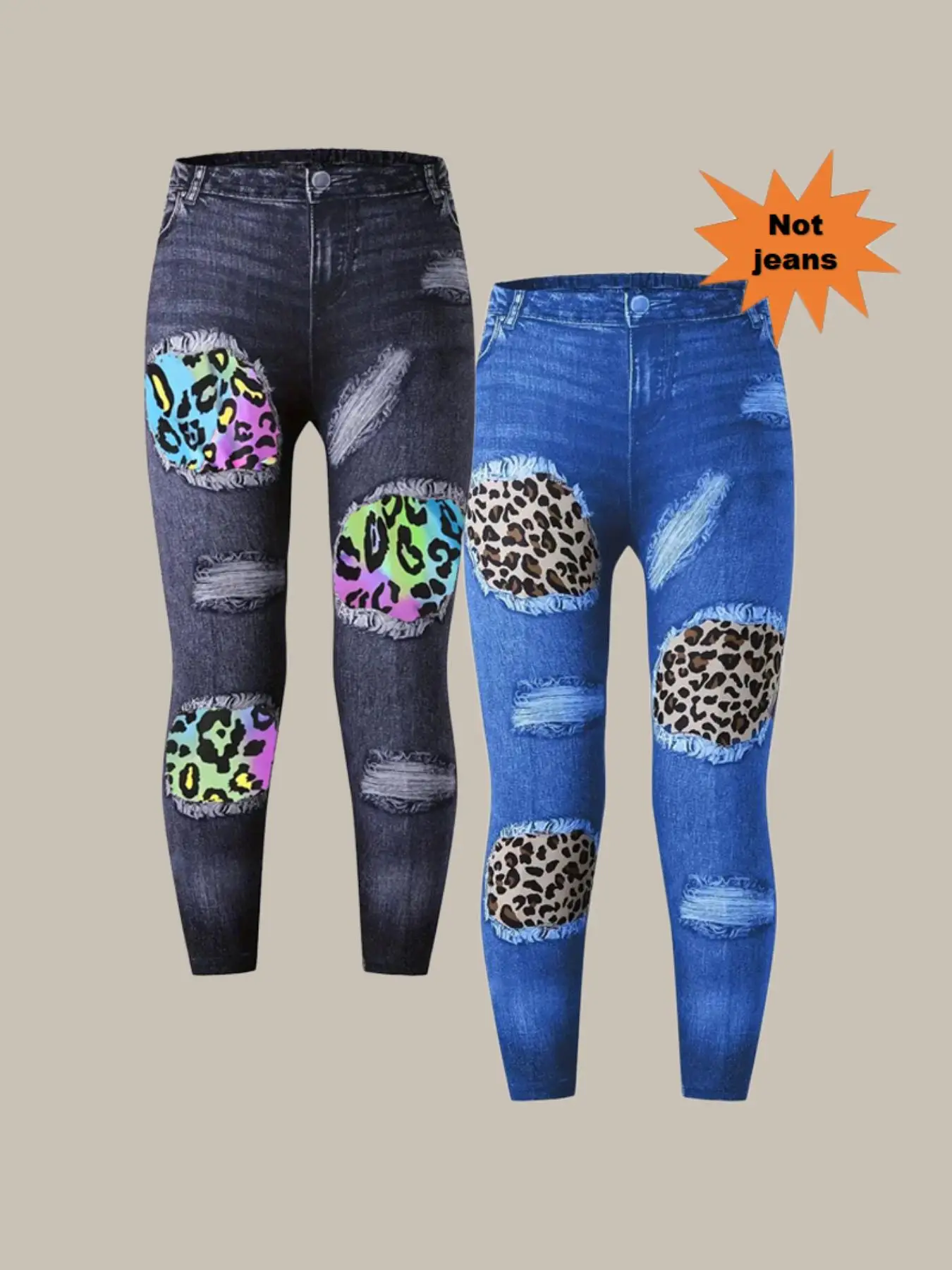 Girl's Denim-effect Print Skinny Pants, Casual Fashion Pants, Trendy Trousers for Kids