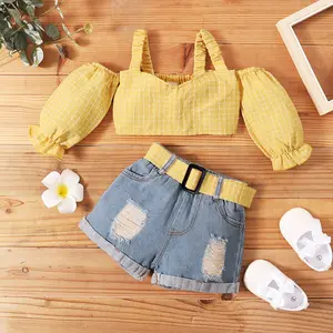 Kids Toddler Baby Girls 2pcs Summer Outfit Set Off Shoulder Tops+Denim Shorts Set Clothes Set