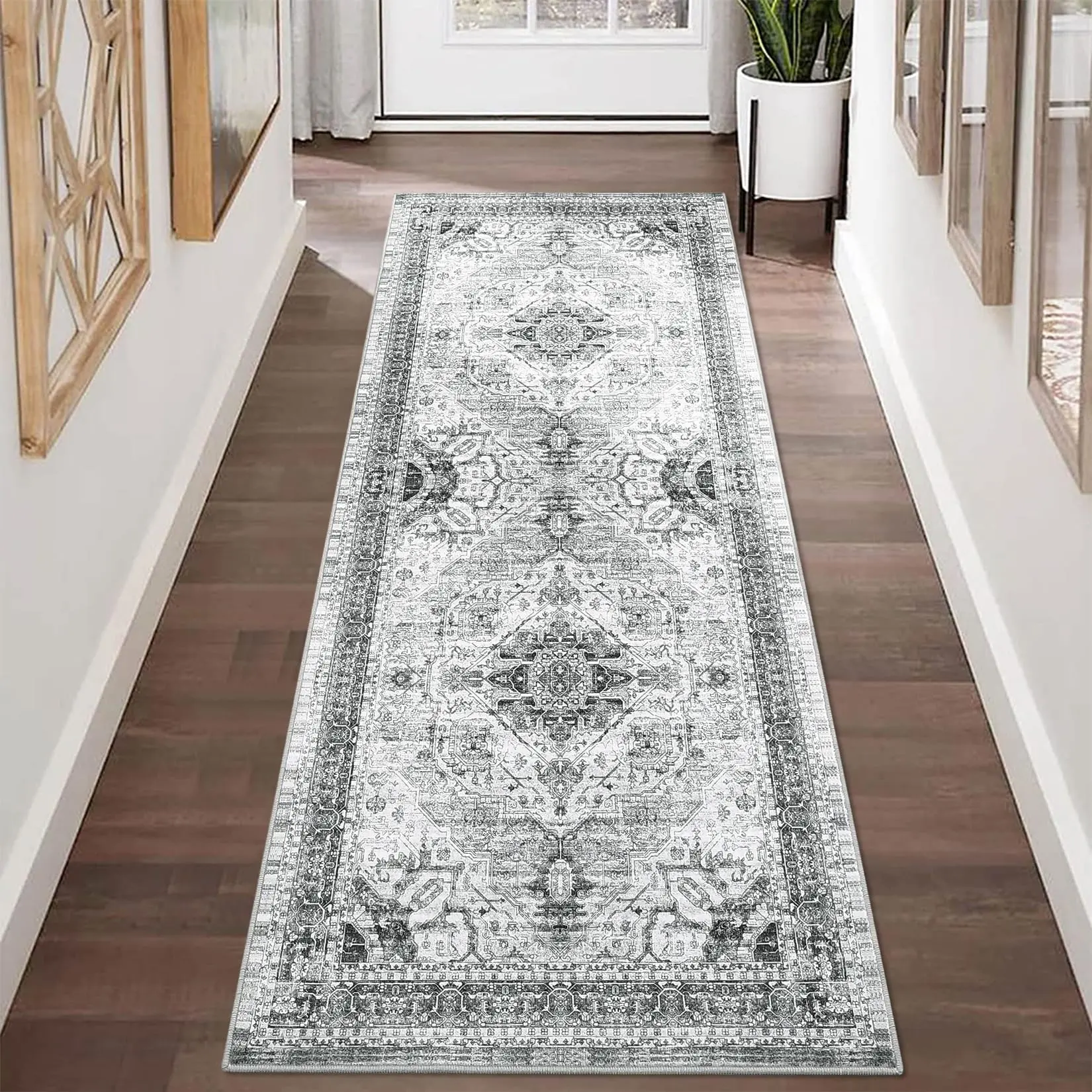 【GARVEE】Area Rug 2x6 Low-Pile Vintage Rug with Non-Slip Backing, Machine Washable, Indoor Non-Shedding Floor Rug for Living Room, Bedroom, Kitchen, Laundry, Home Office in Grey, Blue, Taupe
