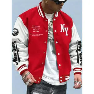 Men's Letter Print Baseball Collar Bomber Jacket, Loose Casual Sporty Long Sleeve Varsity Jacket for Fall & Winter, Men's Outerwear for Daily Wear, Casual Fitted Jackets