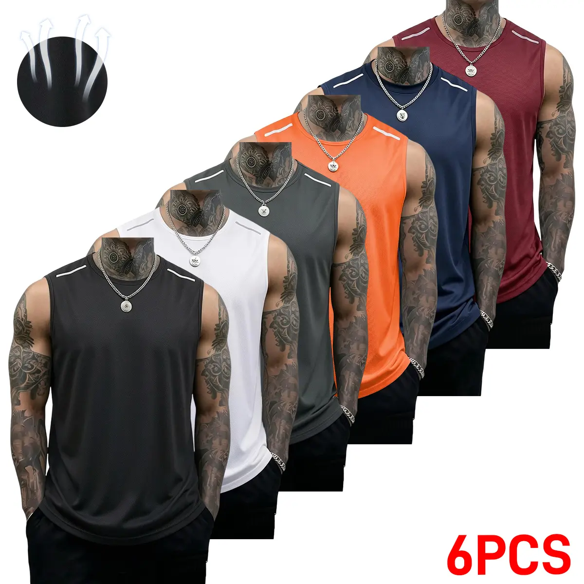 Men's Quick-Dry 6-Pack Sports Tank Tops - Fitted Sleeveless Fatty Fiber Workout Vests, Breathable Athletic Singlets for Gym & Running, Solid-Color Summer Comfort Undershirts